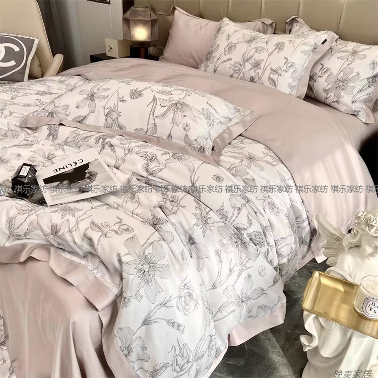 高端兰精天丝印花四件套春夏冰丝100莱赛尔纤维丝滑裸睡床上用品