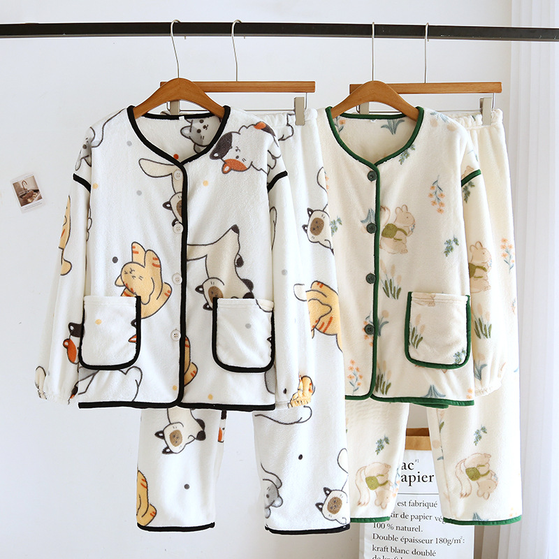 睡衣冬季女款法兰绒加厚加绒长袖可爱宽松珊瑚绒家居服套装可外穿