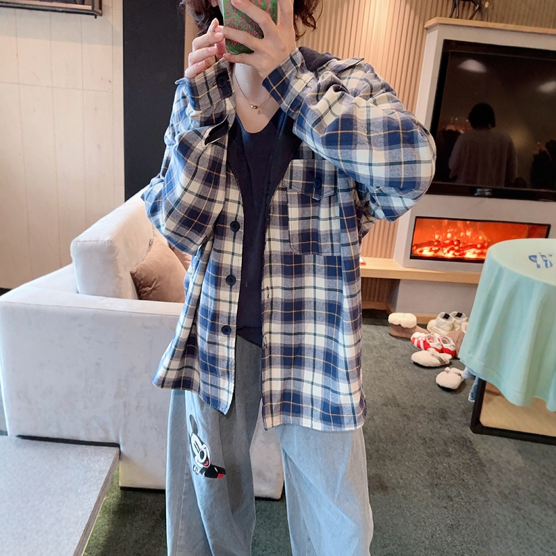 AMYOYOJA新款 多种穿法翻领蓝格子单排扣下摆开叉磨毛衬衣外套女