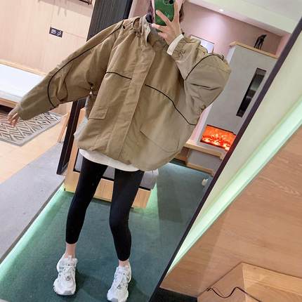 AMYOYOJA韩国新款 秋季超飒工装廓形连帽抽绳后背印花风衣外套女