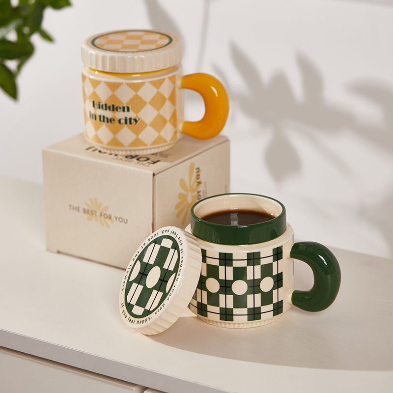 复古陶瓷马克杯带盖情侣咖啡杯