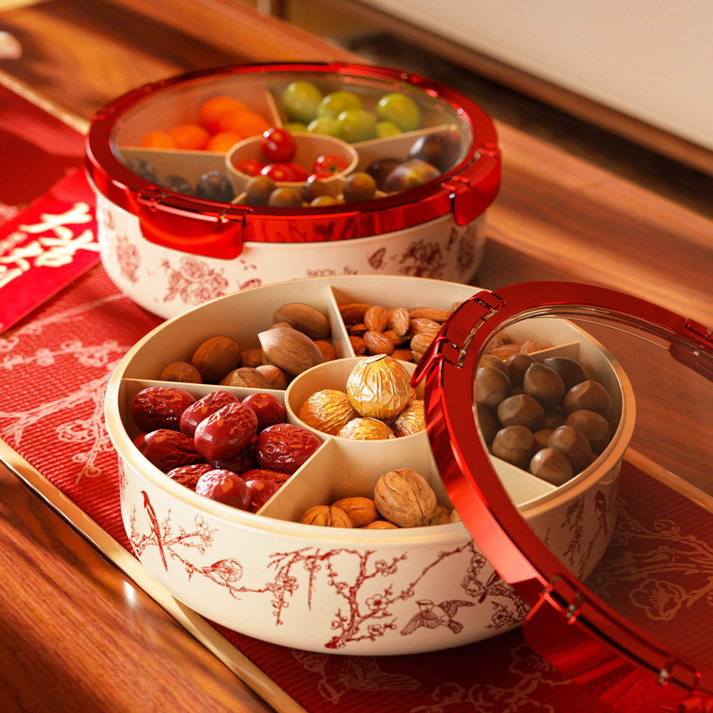 旋转新年果盘轻奢高级感分格客厅厅家用水果盘干果盘坚果盘零食盒