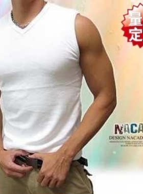 男士时尚宽肩带小V领白色背心 纯棉无袖坎肩男款纯色单衣宽带打底