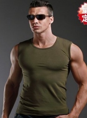 男士紧身军绿色小圆领背心莱卡棉无袖打底单衣吸汗纯色宽肩带坎肩
