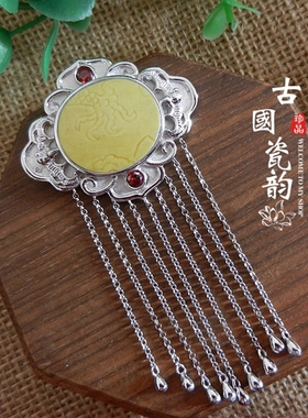 手工925纯银镶嵌 康熙御用官窑 黄釉暗刻龙爪纹 古瓷首饰 吊项坠