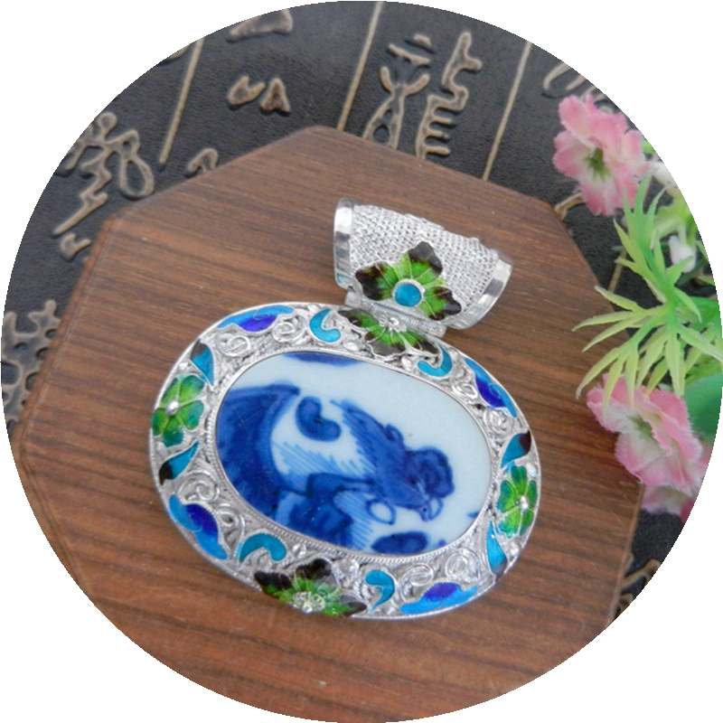 手工925纯银胎珐琅烧蓝花丝镶嵌 康熙青花凤 老瓷古瓷首饰 吊项坠
