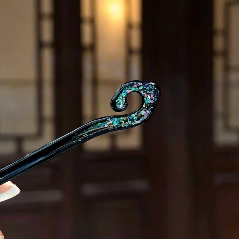 纯手工天然大漆 双面螺钿 原创中式 如意祥云 紫光檀木盘发钗簪子