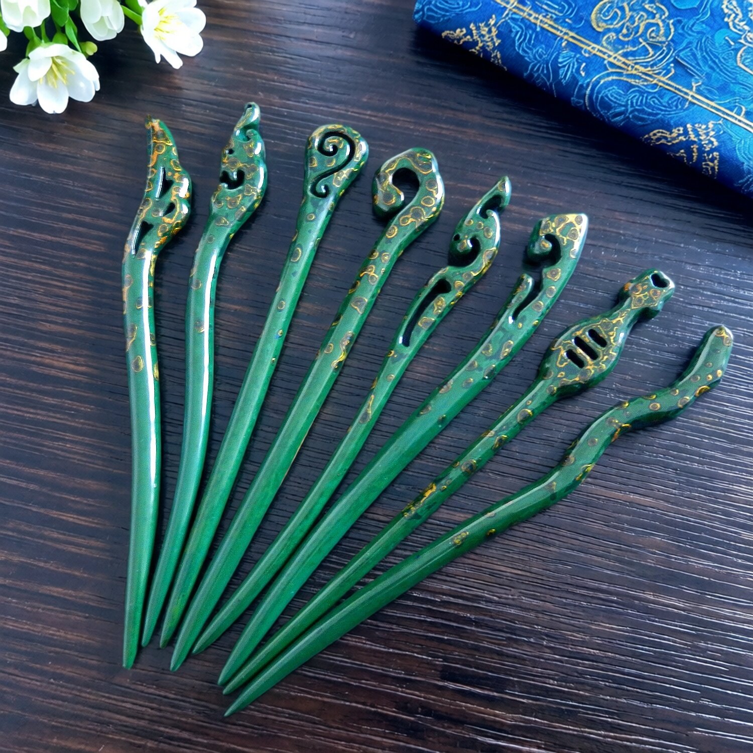 天然大漆 纯手工墨绿金 犀皮漆 新中式复古风汉服 紫光檀木发簪子