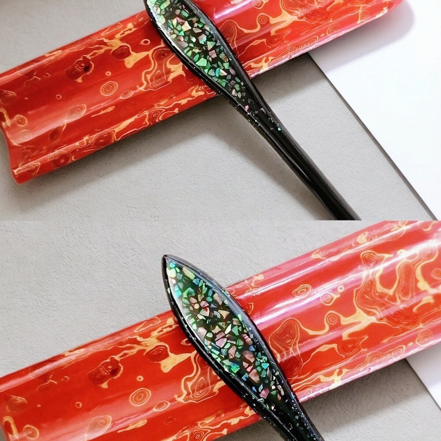 大漆器 发簪子 纯手工双面螺钿 黑檀木古风新中式高级感 汉服头饰图片