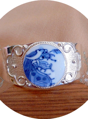 清代青花老瓷镯子925银手工孤品