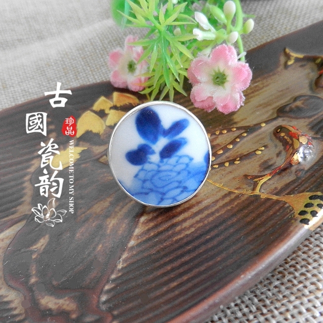 手工925银康熙青花老瓷孤品戒指