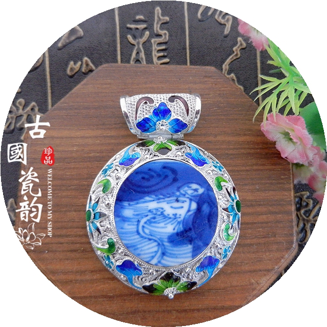 手工925纯银胎珐琅烧蓝花丝镶嵌 康熙青花凤 老瓷古瓷首饰 吊项坠