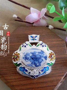 925银康熙青花古瓷项坠手工孤品