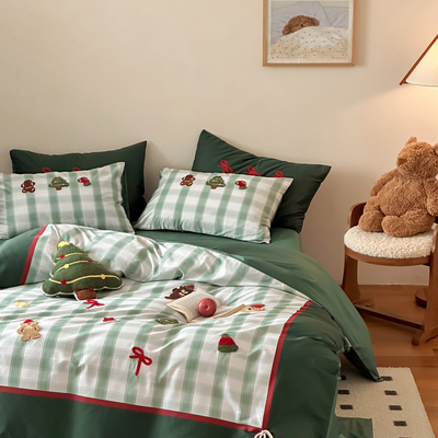 可爱圣诞树毛巾绣100S长绒棉纯棉四件套全棉贡缎床单被套床上用品