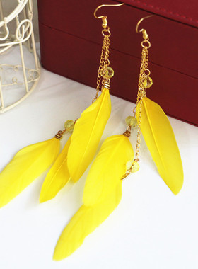 欧美海滩度假黑色饰品旅游拍照夸张耳饰长款羽毛耳环舞走秀会演出