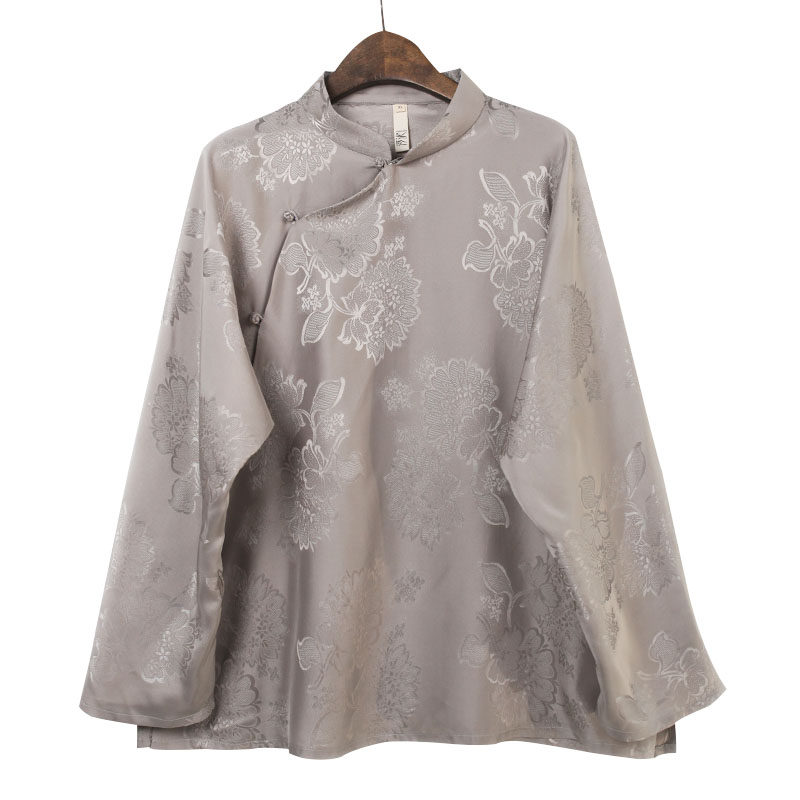 河泥原创设计真丝彩萝桑蚕丝立领盘扣宽松长袖复古上衣衬衫