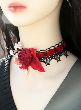 蕾丝choker项链洛丽塔锁骨玫瑰花红色黑色颈链脖子项圈可爱多巴胺