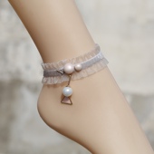 原创设计新款 灰色弹力雪纱花边珍珠脚链