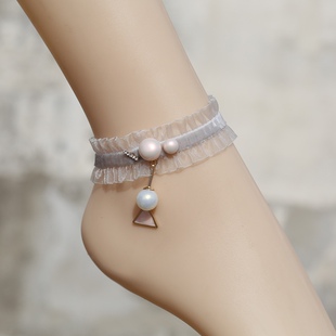原创设计新款 灰色弹力雪纱花边珍珠脚链