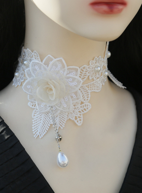 雪纱花朵白色挡疤蕾丝复古颈饰颈链流苏项链锁骨遮盖铃铛领子饰品