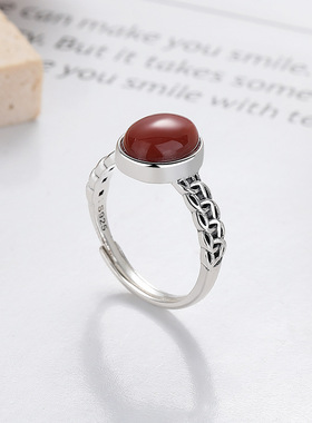 YES  S925银复古做旧五帝铜钱币椭圆南红玛瑙石宫廷风开口戒指