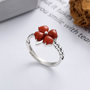 YES S925纯银复古小清新花朵幸运草造型南红色玛瑙开口戒指ins风