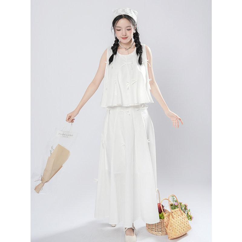 白色百褶蝴蝶结圆领上衣长裙套装裙2024夏季新款小清新休闲两件套