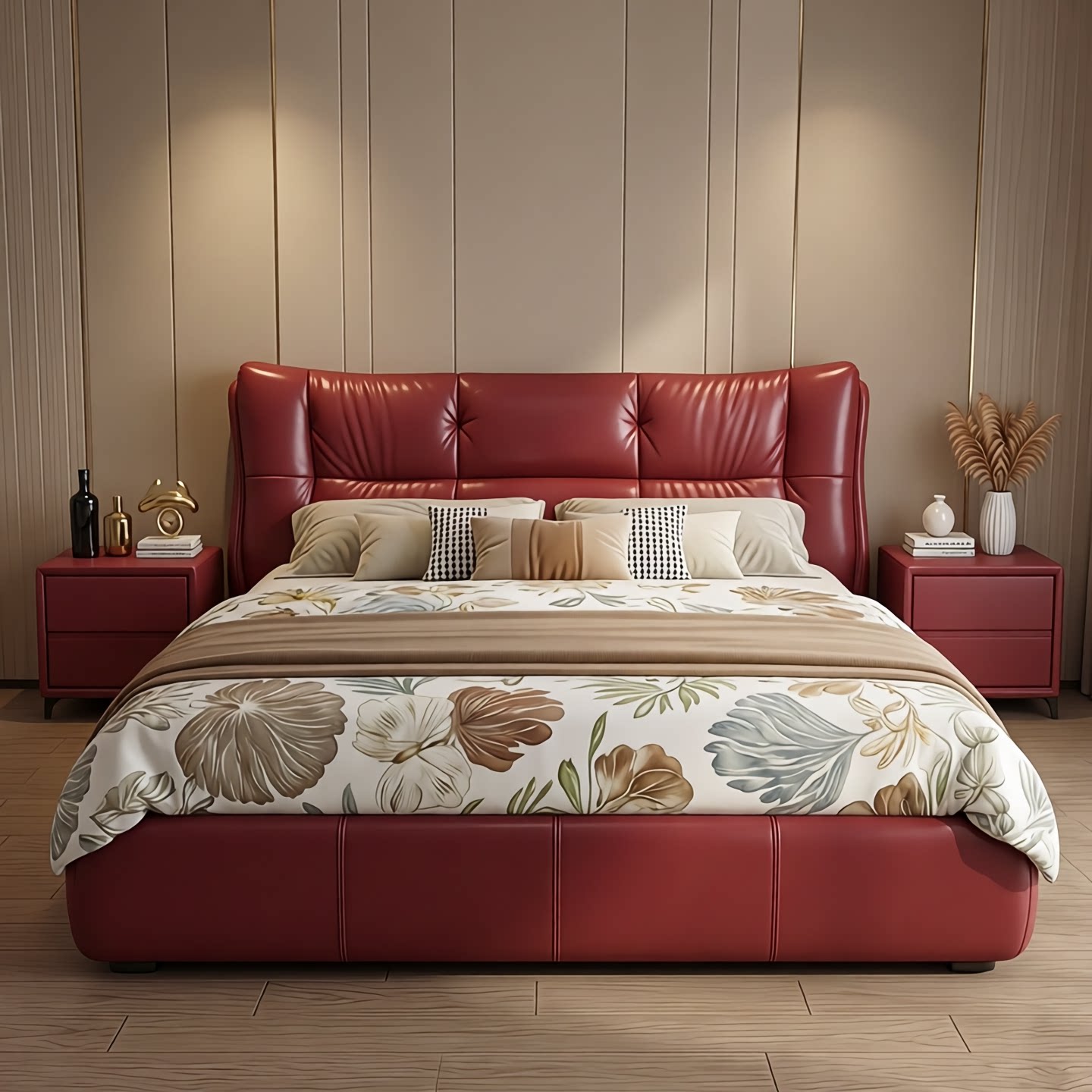 彤庭定制红色头层牛皮悬浮婚床