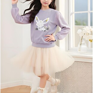 好孩子gb女宝a类亲肤透气春秋圆领拼接网纱上衣女童公主风卫衣