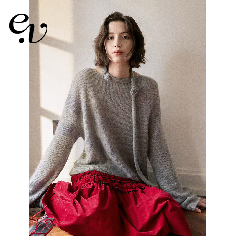 Even Vintage | 马海毛混纺 一字领领口手工立体花朵飘带针织上衣