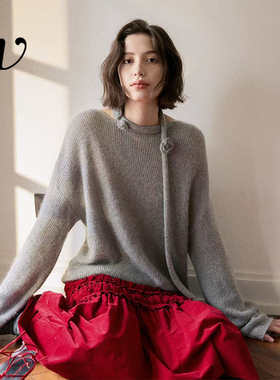 Even Vintage | 马海毛混纺 一字领领口手工立体花朵飘带针织上衣