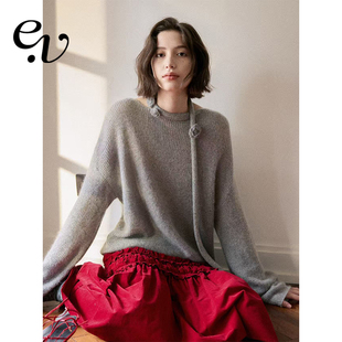 一字领领口手工立体花朵飘带针织上衣 马海毛混纺 Even Vintage