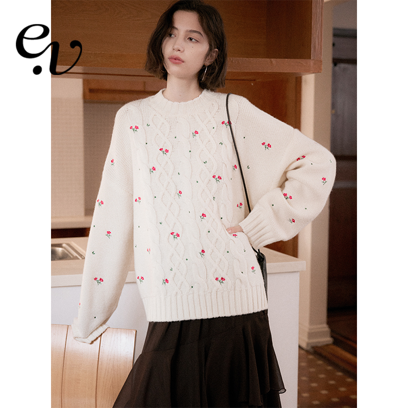 Even Vintage | 100%羊毛 精细小花刺绣百搭宽松绞花套头毛衣针织