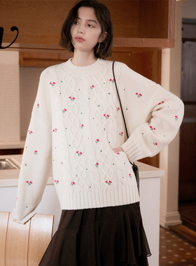 Even Vintage | 100%羊毛 精细小花刺绣百搭宽松绞花套头毛衣针织