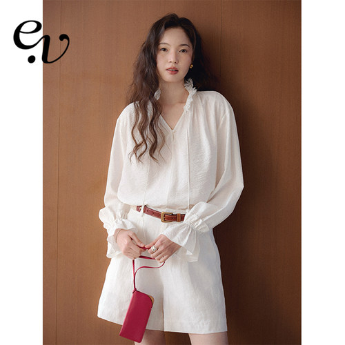 Even Vintage | 桑蚕丝混纺 V领系带荷叶边袖口肌理感褶皱白衬衫