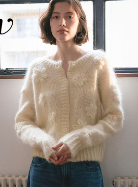 Even Vintage | 高比例马海毛羊毛混纺 手工钩织立体花朵针织开衫