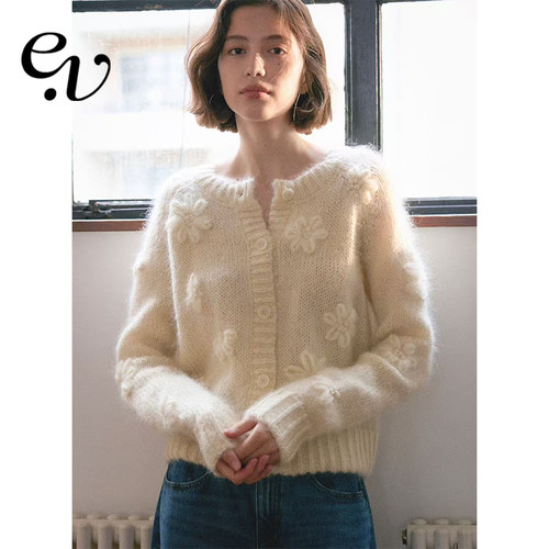 Even Vintage | 高比例马海毛羊毛混纺 手工钩织立体花朵针织开衫