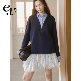 针梭拼接假两件V领衬衫 天丝棉混纺 连帽卫衣 Vintage Even