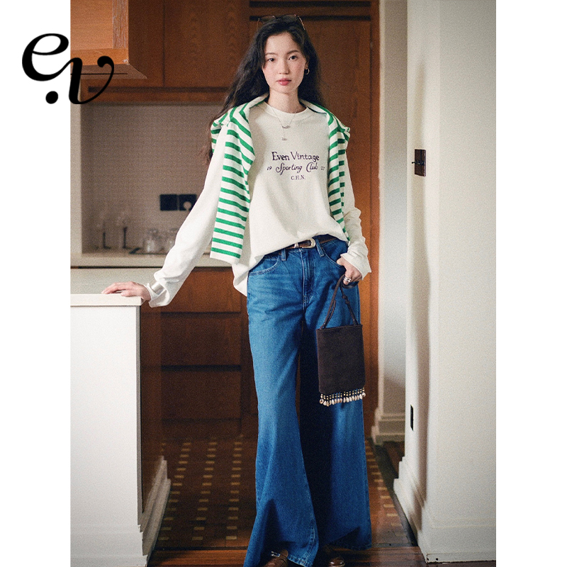 Even Vintage | 桑蚕丝棉混纺 宽松落肩慵懒感纯色字母长袖T恤女
