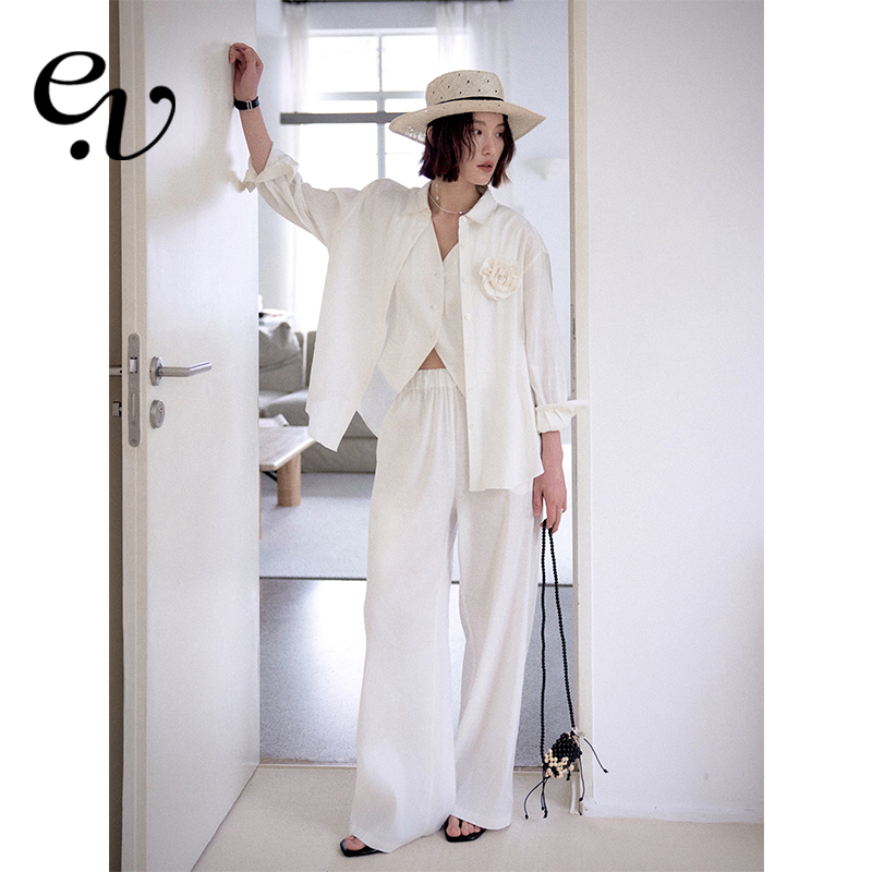 Even Vintage|亚麻混纺 简约宽松基础衬衫清爽感马甲白色长裤套装