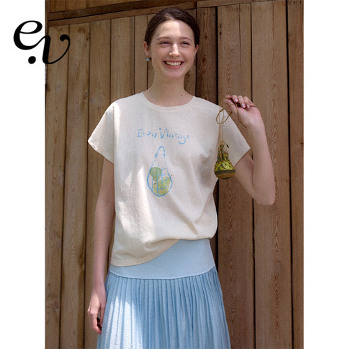 Even Vintage | 棉混纺 竹节纹理夏日绘梨印花休闲百搭短袖T恤新