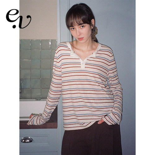 Even Vintage | 兰精莫代尔亚麻 亨利领复古细条纹长袖T恤夏季