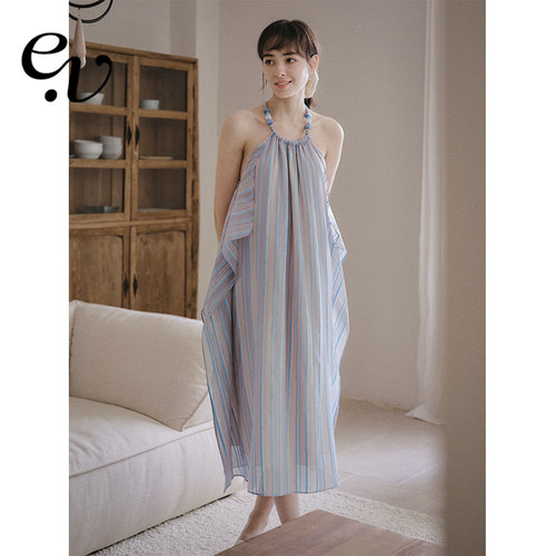 Even Vintage | 真丝有机棉 串珠挂脖度假风不规则荷叶边连衣裙