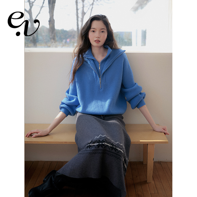 Even Vintage | 100%羊毛 秋冬双层半开襟拉链蓝色套头针织毛衫