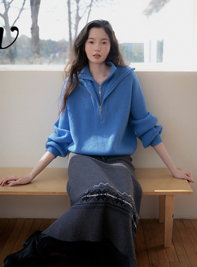 Even Vintage | 100%羊毛 秋冬双层半开襟拉链蓝色套头针织毛衫