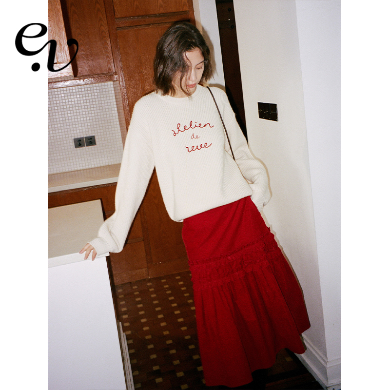 Even Vintage | 100%羊毛 宽松落肩秋冬复古刺绣毛衣套头内搭上衣