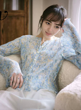 Even Vintage | 柔春新绿 水波纹肌理压褶紫藤黄绿碎花长袖上衣