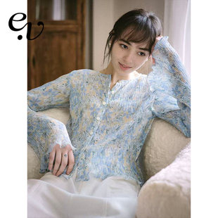 Even Vintage | 柔春新绿 水波纹肌理压褶紫藤黄绿碎花长袖上衣