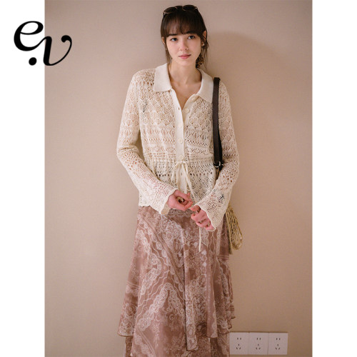 Even Vintage | 莱赛尔亚麻 立体钩花针织翻领开衫上衣