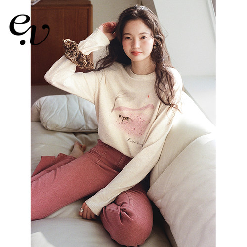 Even Vintage | 桑蚕丝棉麻混纺手绘小马印花温柔长袖T恤上衣早春